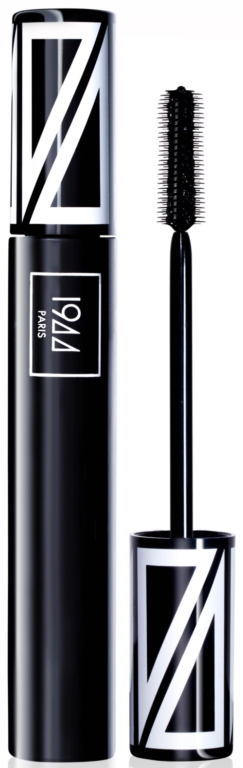 Een zwarte mascara-huls met een zwart kwastje en zilveren dop, met cijfer 7 en merklogo.