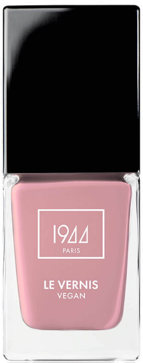 Rosa Nagellackflasche mit schwarzem Deckel, beschriftet '1944 PARIS LE VERNIS VEGAN'.