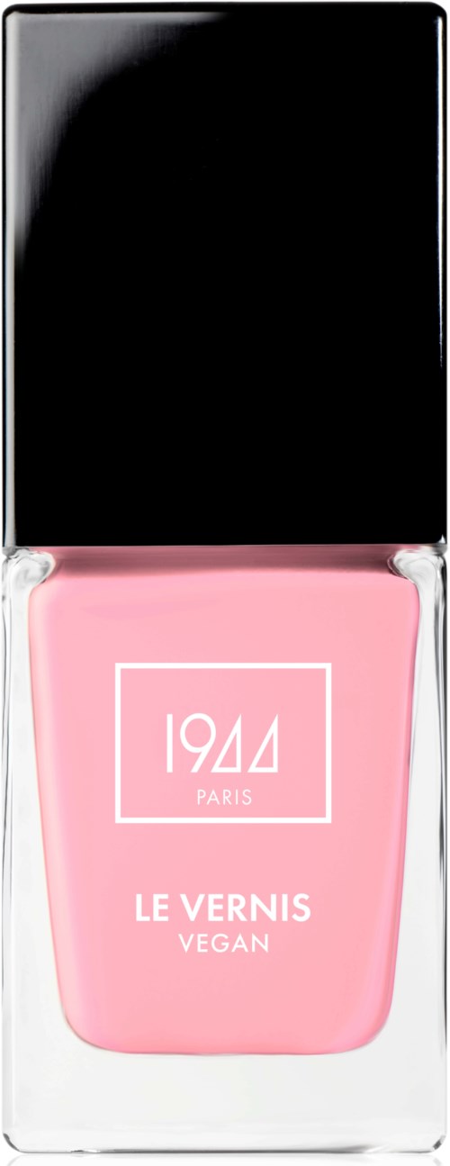 Roze nagellakfles met zwarte dop en witte tekst, gelabeld '1944 PARIS LE VERNIS VEGAN.'