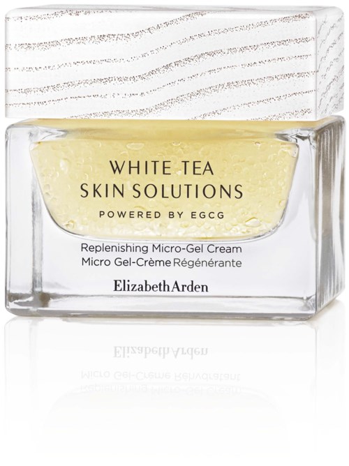 En burk med Elizabeth Arden White Tea Skin Solutions-kräm med vit och gul krona.