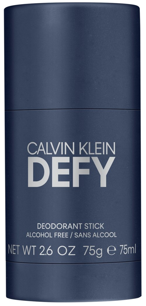 Een blauwe deodorantstift met de naam 'Calvin Klein Defy', alcoholvrij, met gewichtsaanduiding.