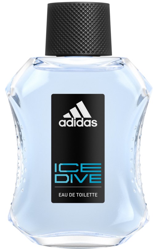 Adidas Ice Dive -tuoksupullo, kirkas, musta korkki, musta etiketti edessä.