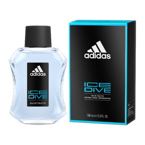 Adidas Ice Dive hajuveden pullo ja rasia, musta ja sininen pakkaus logoilla ja tuoteinformaatioilla.