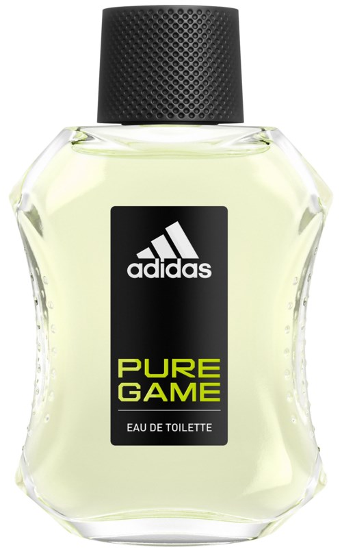 Przezroczysta butelka perfum z czarną nakrętką, logo Adidas i żółty tekst 'Pure Game'.