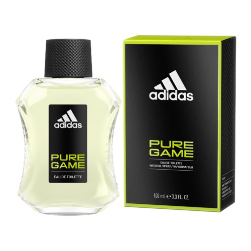 Przezroczysta butelka perfum i czarna i zielona puszka z napisem 'Pure Game' od Adidas.
