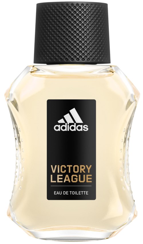 Een parfumfles met zwarte dop, Adidas-logo en label met Victory League Eau de Toilette.