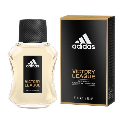 Een parfumfles en doos met Adidas Victory League, met de fles met een zwarte dop en een goud-zwart etiket.