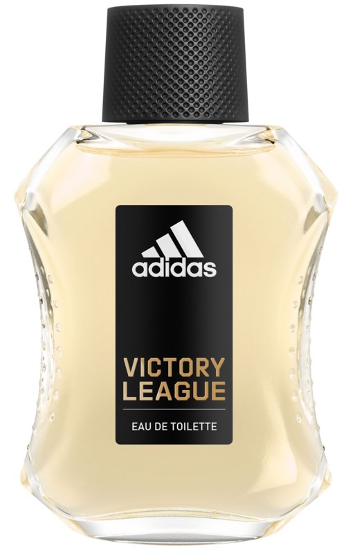 Hajuvesipullo, jossa Adidas-logo ja Victory League -merkki, sisältää vaaleankeltaista nestettä, keltainen muovikorkki.