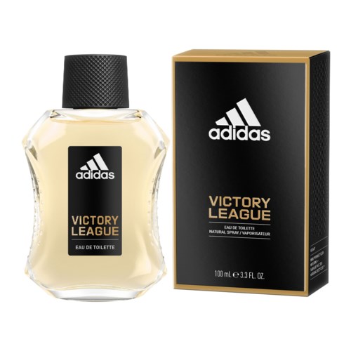 Adidas Victory League -tuoksupullo ja sen musta ja kultainen laatikko.