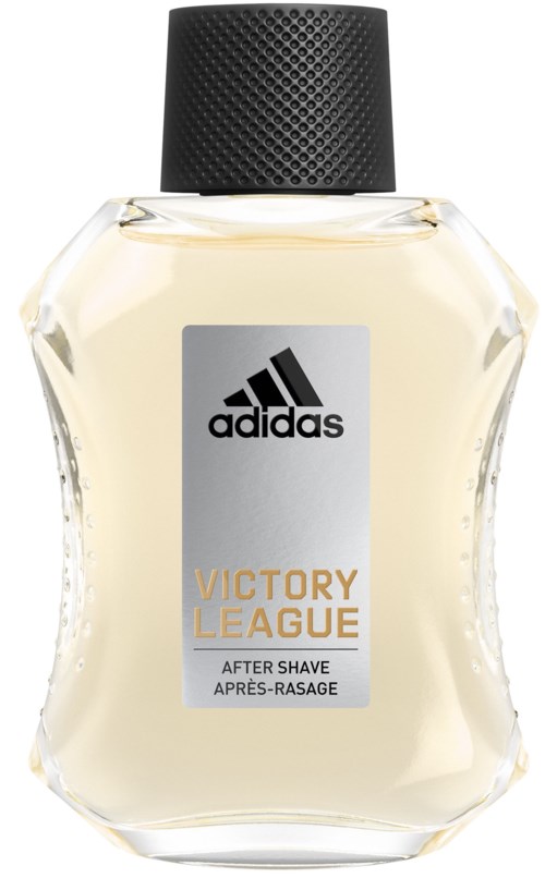 Butelka wody po goleniu Adidas Victory League z czarną nakrętką, przejrzystym szkłem i białą cieczą.