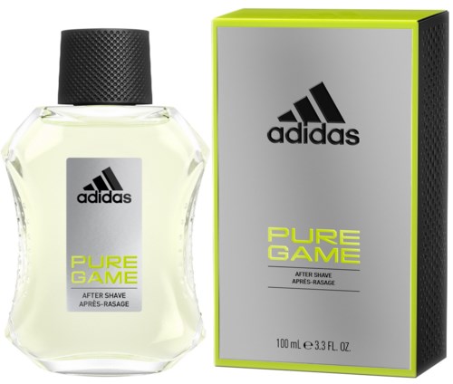 Een fles Adidas Pure Game aftershave naast de verpakking, beide grijs met zwarte en gele accenten.