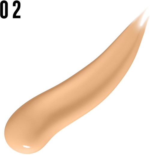 Ein beige Foundation- oder Concealer-Tropfen mit spitzem Ende und glatter Oberfläche. Die Zahl 02 ist oben links.