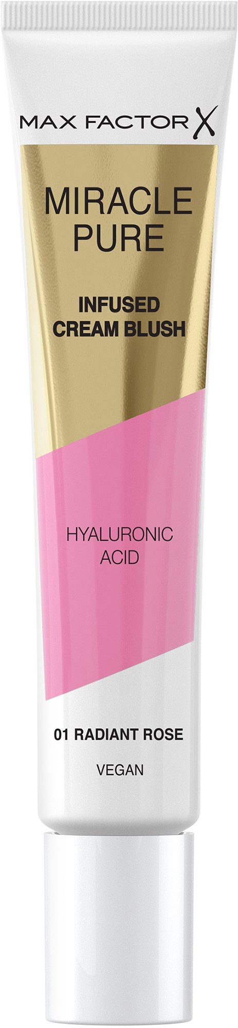 Eine Tube Max Factor X Miracle Pure infundierte Creme-Rouge mit rosa Farbe, mit Inhaltsstoffen und vegan gekennzeichnet.