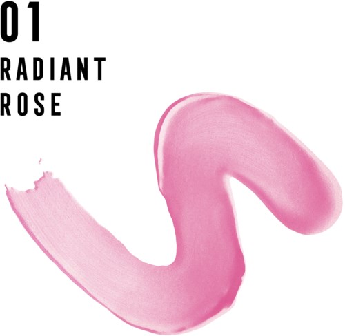 Rosa Pinselstrich mit schwarzem Text '01 Radiant Rose' in der oberen linken Ecke.