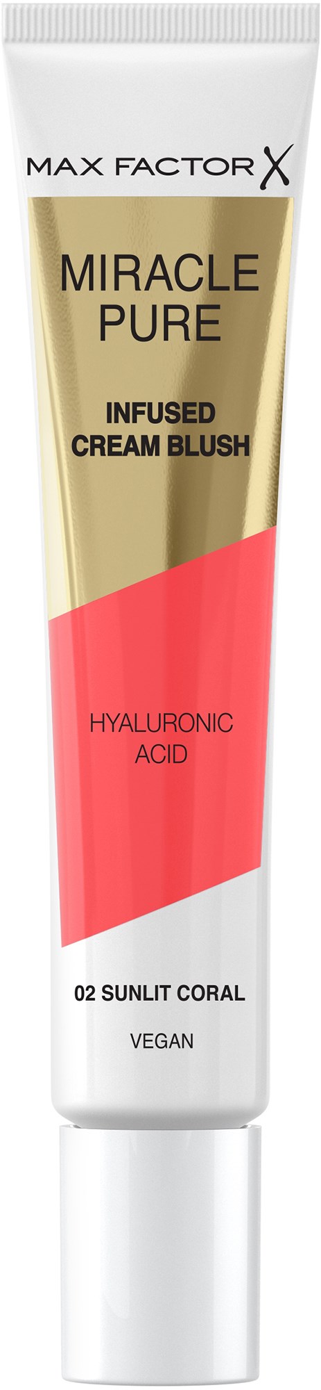 Eine Tube Max Factor X Miracle Pure Creme Rouge mit Gold und Rot Farbdetails, Text über Inhaltsstoffe und Vegan-Status.