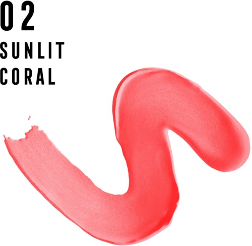 Ein korallenfarbener Make-up-Farbton mit den Worten 'Sunlit Coral' und einer Farbprobe.