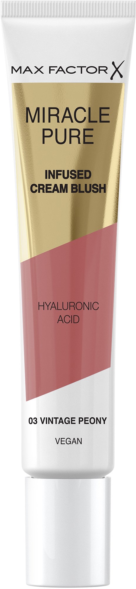 Een tube Max Factor X Miracle Pure blush met hyaluronzuur, kleur 03 Vintage Peony, veganistisch en met crème.