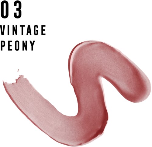 Lipstick-smeer in de vorm van een S met tekst: Vintage Peony, 03.