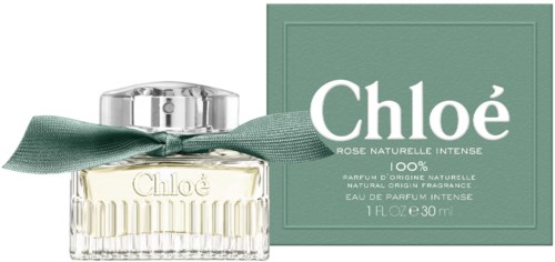 Ein Parfümflasche mit grünem Band und passender Verpackung, gekennzeichnet Chloé, Rose Naturelle Intense, 100% natürlich.