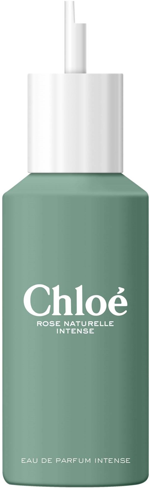 Grön flaska märkt 'Chloé Rose Naturelle Intense'. Vit spraykork och sprayhuvud. Elegant förpackningsdesign.