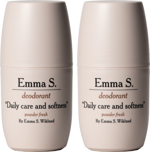 Twee witte deodorantstiftcontainers met zwarte en oranje tekst, gelabeld "Emma S." en "Daily care and softness."