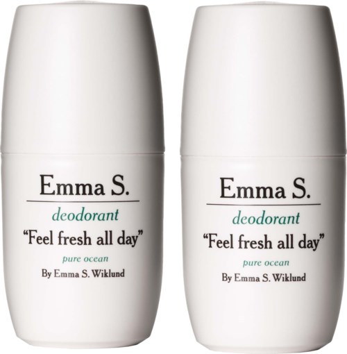 Two white deodorant sticks with black and green text, claiming to make you feel fresh all day, by Emma S.