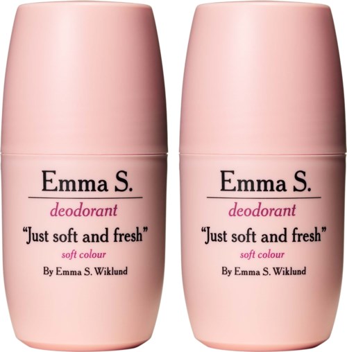 Zwei rosa Deodorantbehälter mit der Marke Emma S., Slogan "Just soft and fresh."