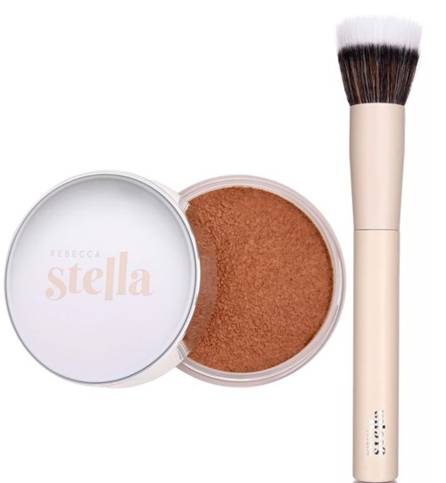 A makeup brush and a compact of bronzer from the Stella collection by Rebecca, on a white background.