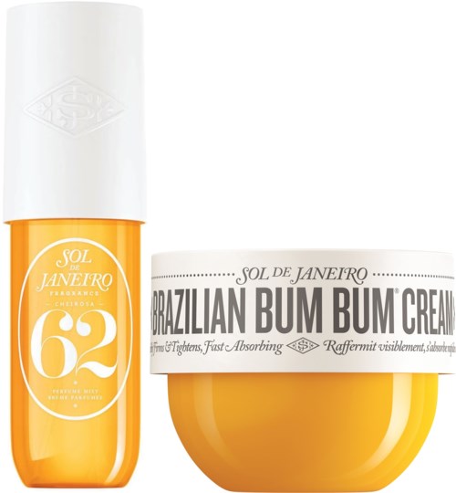 Ein gelber Behälter mit brasilianischer Bum Bum Creme und eine passende gelbe Flasche mit weißem Deckel.