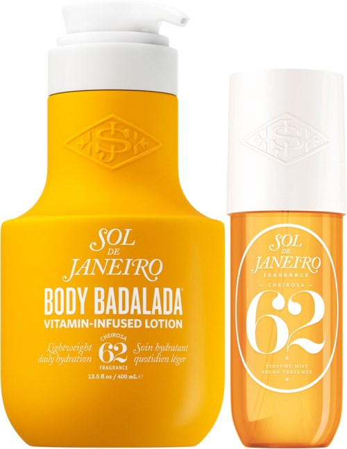 Yellow lotion bottle with white pump labeled 'Body Badalada' and smaller orange bottle labeled '62' next to it.