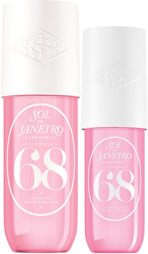 Zwei rosa Parfümflaschen mit weißen Deckeln, beschriftet 'Sol de Janeiro 68' und 'Perfume Mist Bume Parfum.'