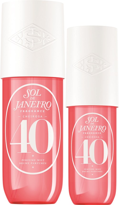 Zwei Flaschen Sol de Janeiro Duftnebel zum 40-jährigen Jubiläum mit rosa Design und weißen Kappen.