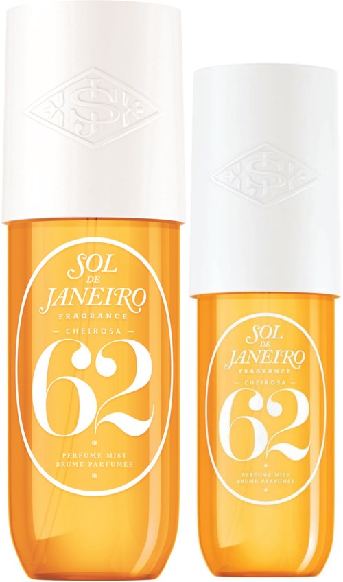 Two orange spray bottles with white caps and white text, labeled "Sol de Janeiro 62," are shown.