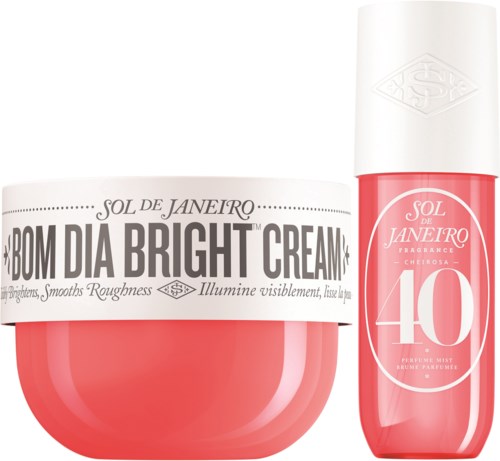 Ein Cremetopf und eine Flasche von Sol de Janeiro aufhellende Hautpflegeprodukte, rosa und weiß.