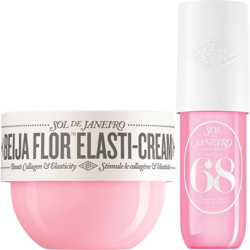 Pinkki ELASTI-CREAM-astia ja Sol de Janeiro -nailpolish-pullo.
