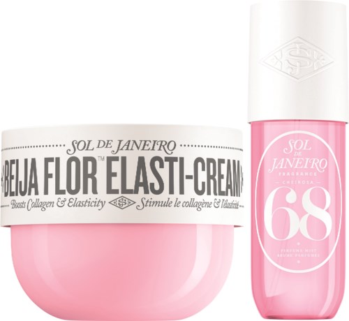Zwei rosa Hautpflegeprodukte: ein Elastincreme-Topf und eine Flasche mit weißem Deckel.