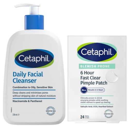 Eine Flasche Cetaphil Daily Facial Cleanser und eine Packung Blemish Prone Pimple Patches für klare Haut.