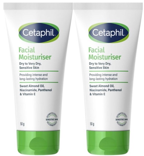 Zwei Tuben Cetaphil Gesichtspflege für trockene, empfindliche Haut mit Mandelöl, Niacinamid, Panthenol und Vitamin E.