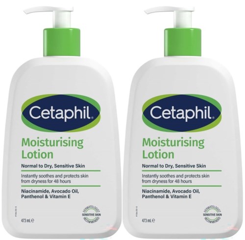 Twee flessen Cetaphil vochtinbrengende lotion voor gevoelige huid met pomp, witte en groene fles.