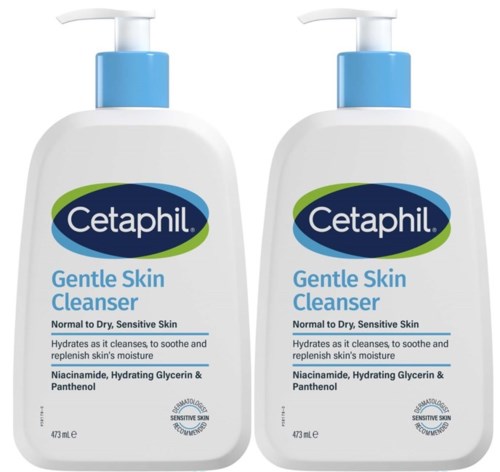 Twee flessen Cetaphil Gentle Skin Cleanser voor gevoelige huid met pomp.