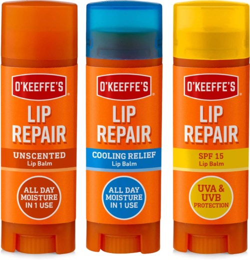 Drie lippenbalsem-sticks met verschillende labels voor reparatie, koeling en zonbescherming.