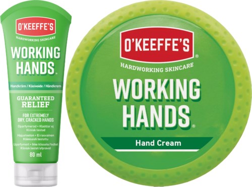 Een tube handcrème en een ronde container met handcrème van O'Keeffe's voor droge, gesprakte handen.