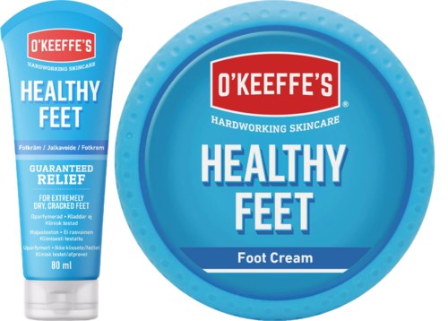 Twee containers voetcrème met blauwe en rode labels, gericht op gezondheid en verlichting voor droge, barstende voeten.