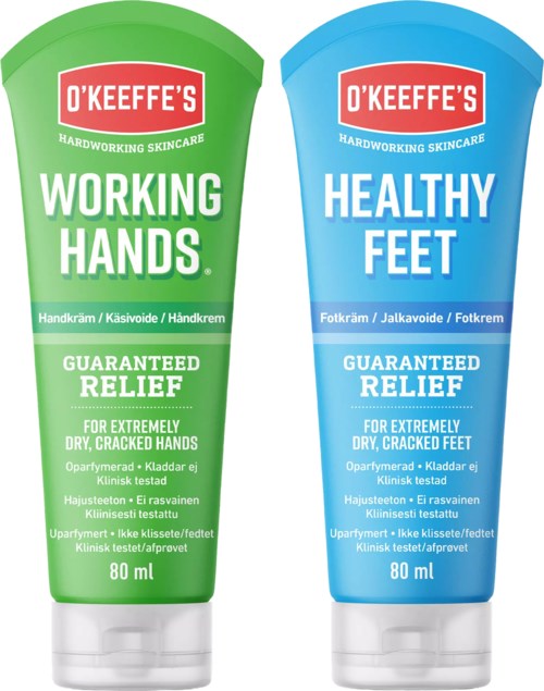 Twee tubes van O'Keeffe's huidverzorgingsproducten voor droge handen en voeten, met heldergroen en blauw en labels.