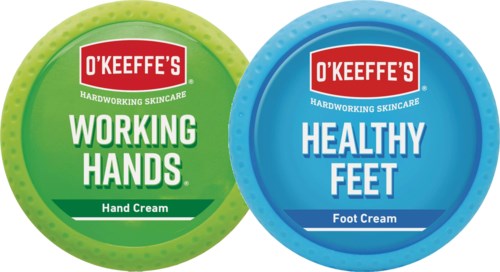 Twee containers met huidverzorgingsproducten, een voor werkende handen in groen en een voor gezonde voeten in blauw.
