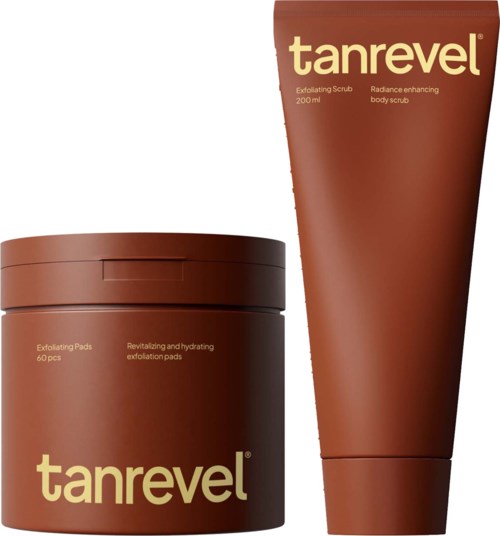 Tanrevel exfoliating body scrub and pads in brown containers with yellow text.
