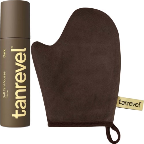 Selbstbräunungsschaum in Sprayflasche und braune Handschuhe zum Auftragen, beide mit 'tanrevel' in goldener Schrift.