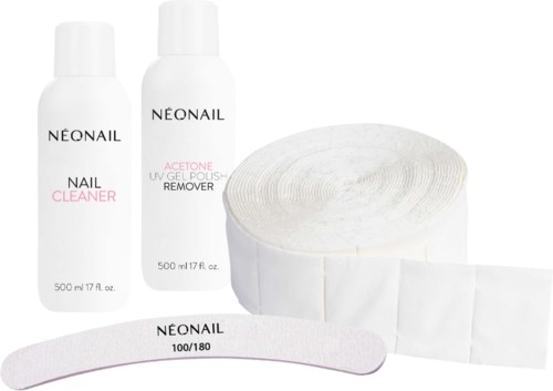 Nail care set with cleaner, gel remover, cotton pads, and a nail file. All items branded NeoNail.