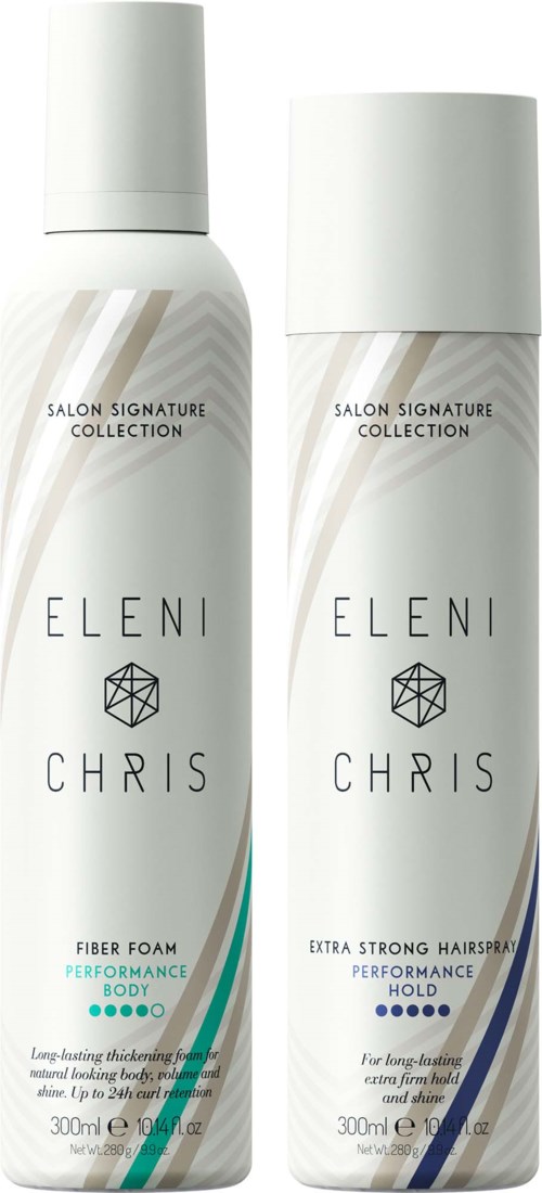 Two white bottles of hair spray from the Salon Signature Collection, labeled Elise and Chris, with different functions.