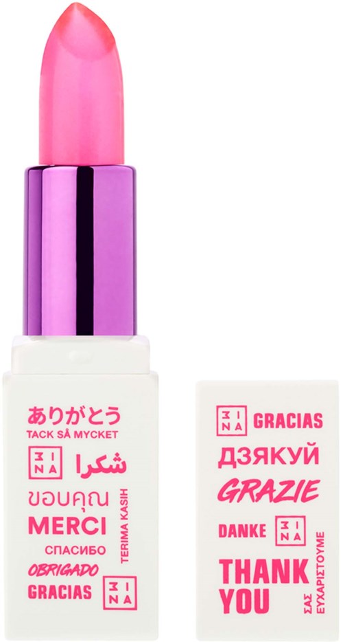 A tube of pink lipstick with a silver and purple casing and multiple languages expressing thanks.